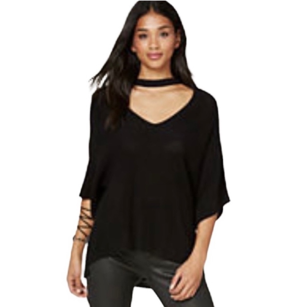 Bebe Black Choker Neck V-Neck Short Sleeve Ribbed Sweater Size Small